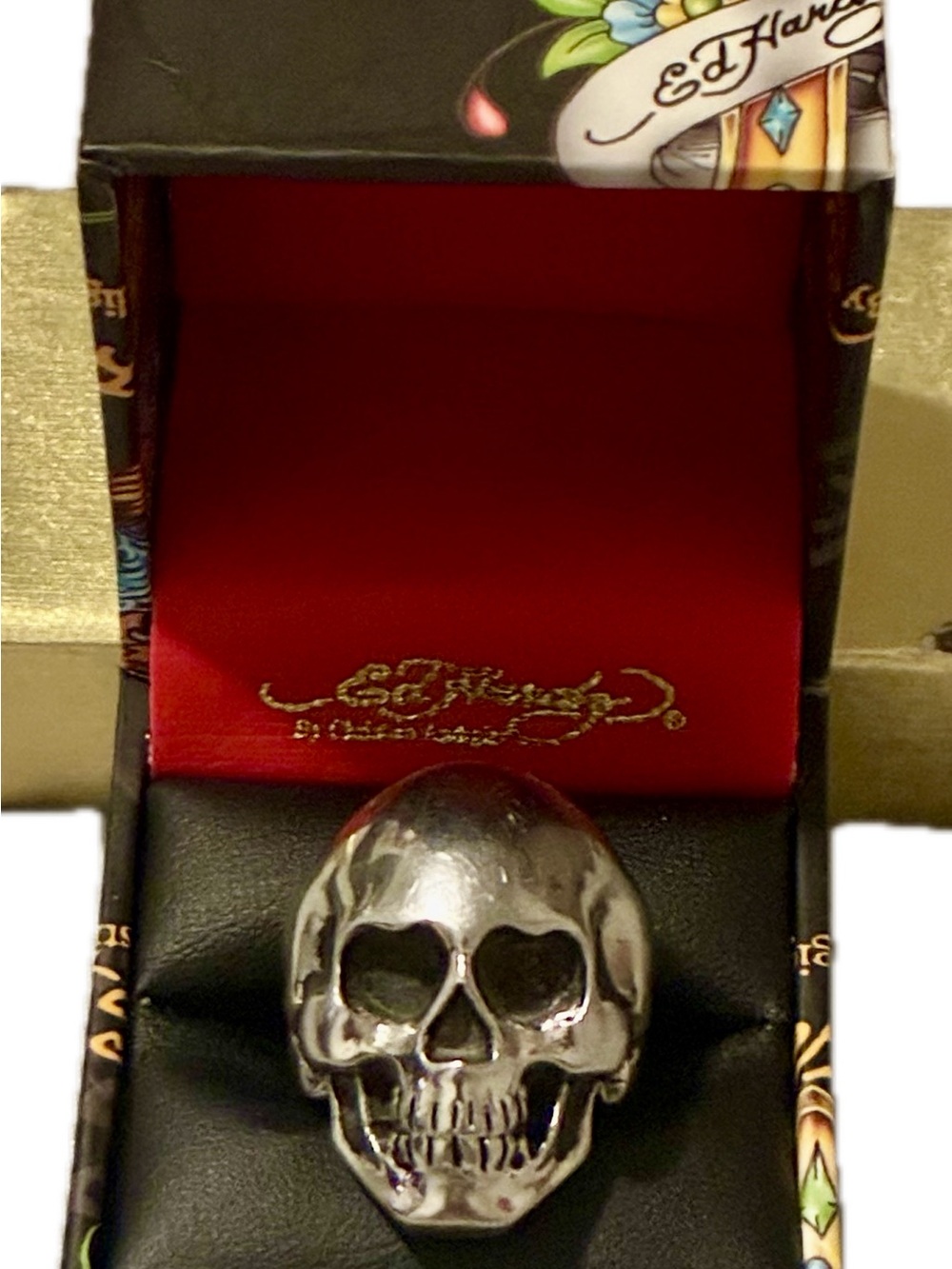 Ed Hardy Silver Skull Stainless Steel Ring with Heart Eye Cutouts - Picture 7 of 9